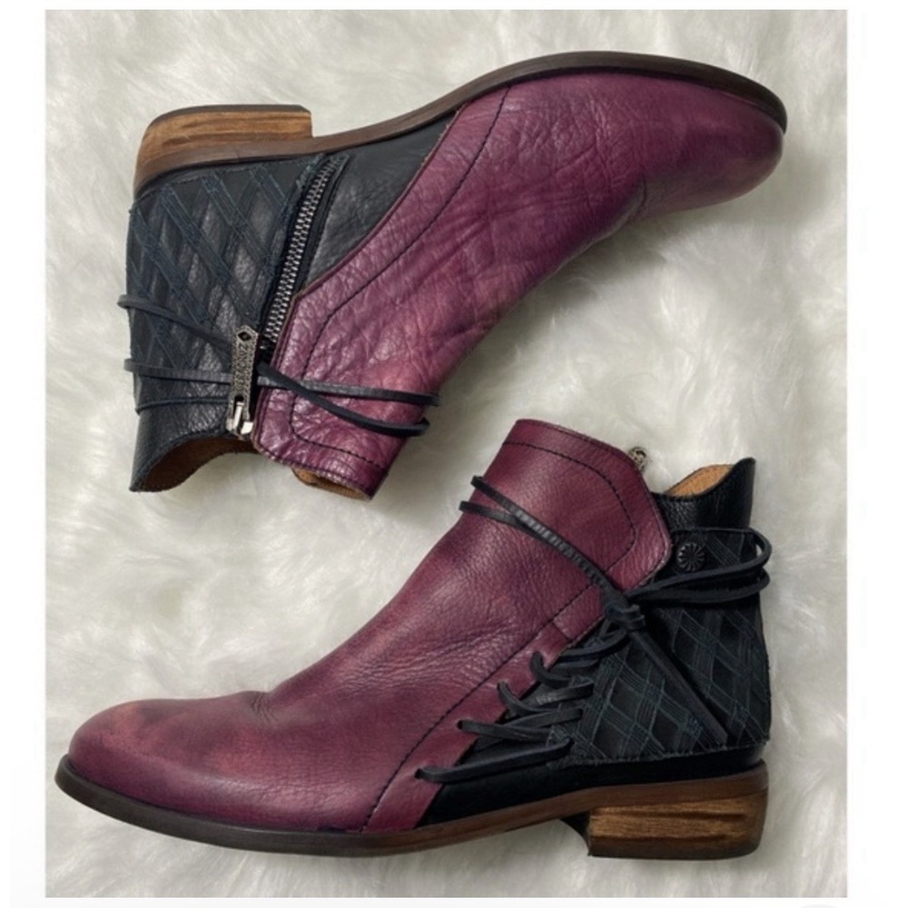 Veracruz Artisan Boots 40 US 9 Black Burgundy Leather Ankle Bootie Zipper & Ties